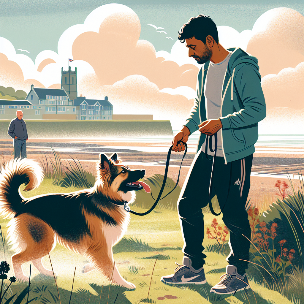 Trainer practising loose lead and recall with a mixed-breed dog in a coastal green space near Bridgend