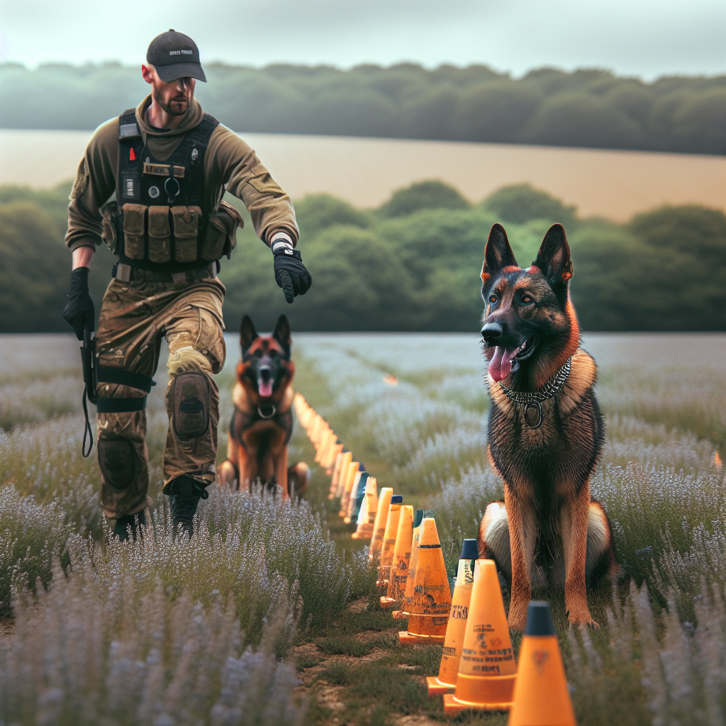 German Shepherd and helper practising IGP back transport with cone patterns while a UK trainer coaches footwork
