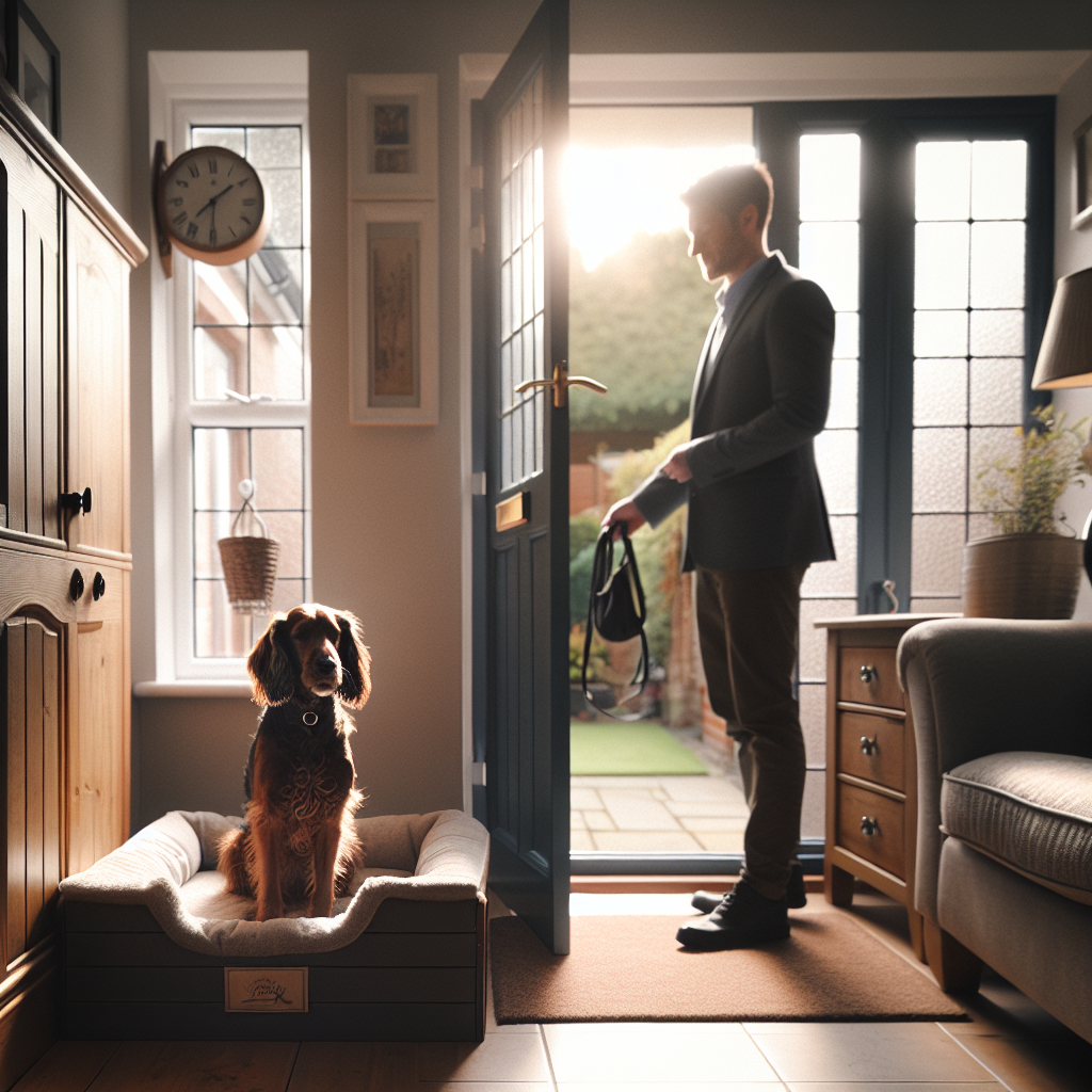 Calm dog staying on a bed while a UK trainer opens the front door to a visitor