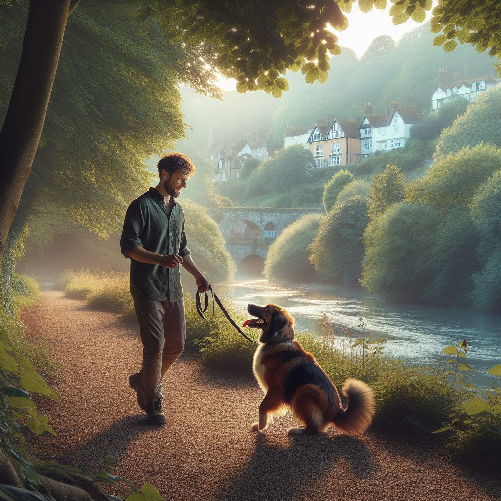 UK trainer practising loose lead walking with a mixed breed dog on a leafy path in Canterbury