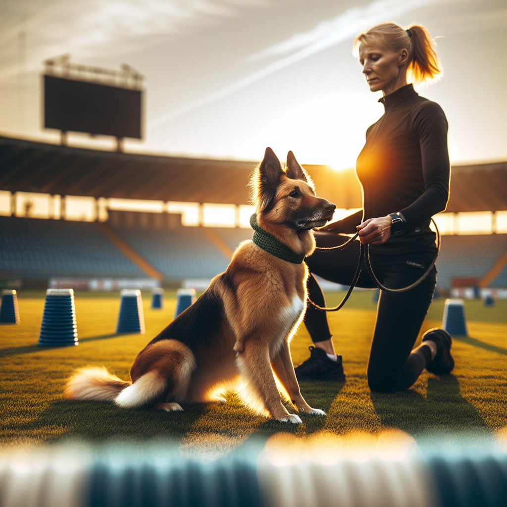 Working dog in IGP front sit before a flip finish with a UK handler on a training field