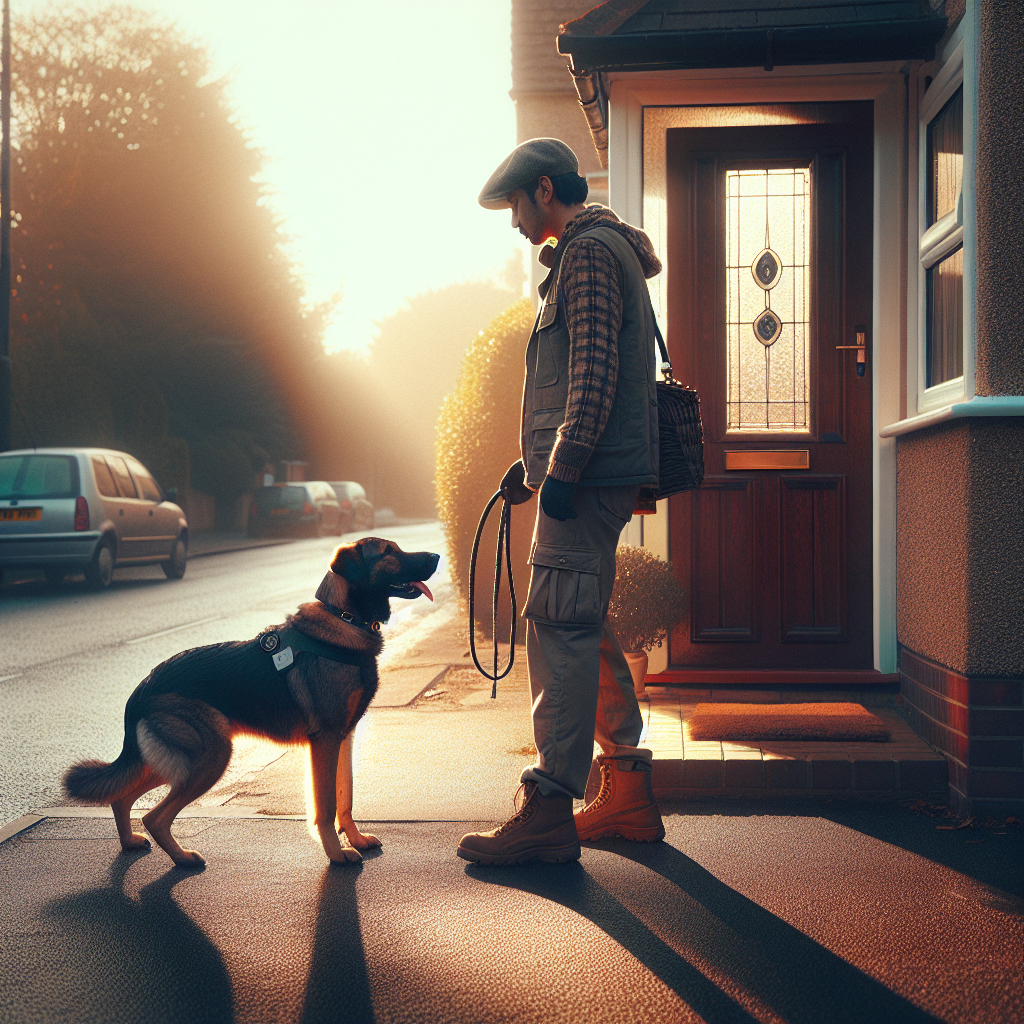 UK trainer asking a mixed breed dog to pause at a doorway and kerb with a loose lead