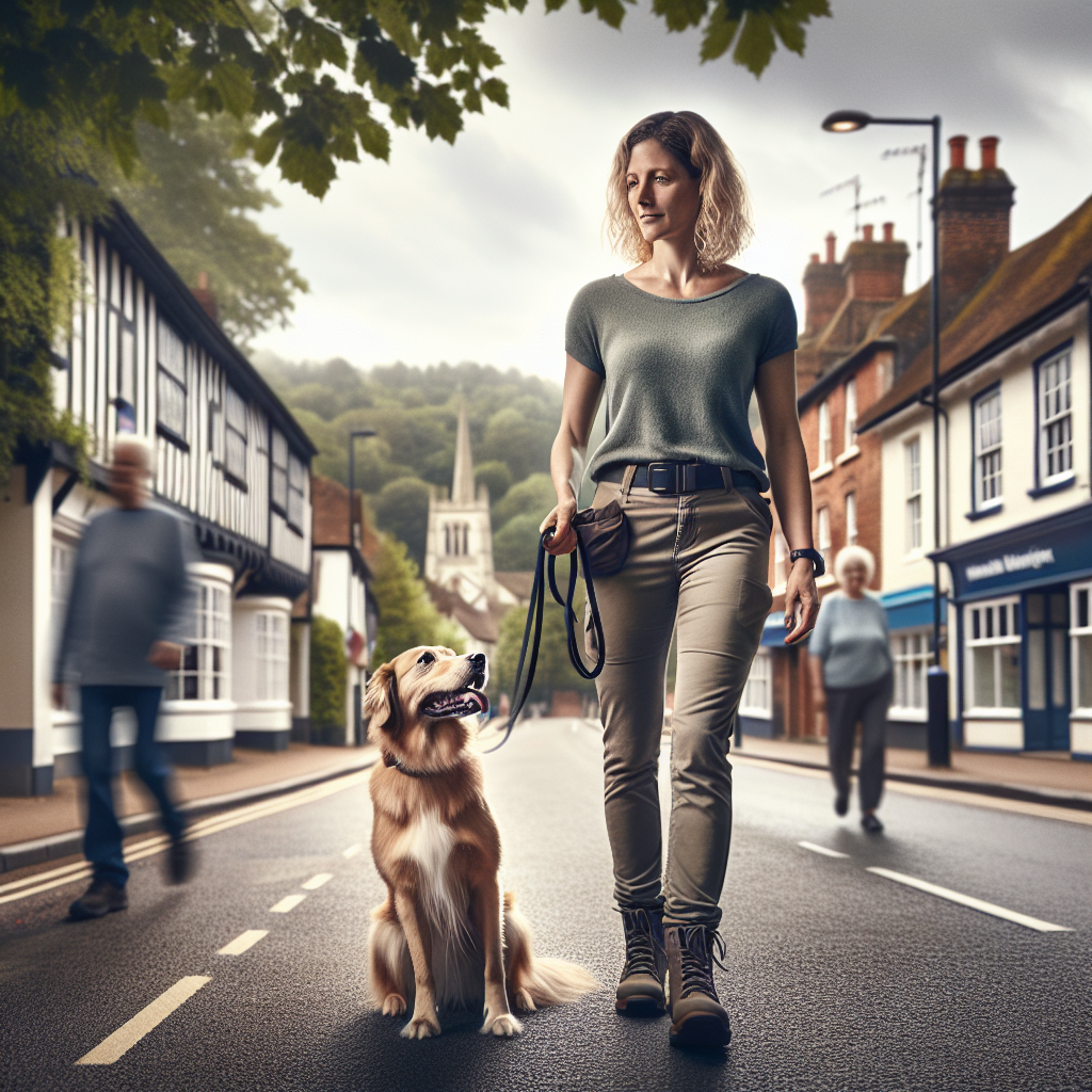 Trainer practising loose lead walking and recall with a mixed-breed dog in a leafy UK town setting