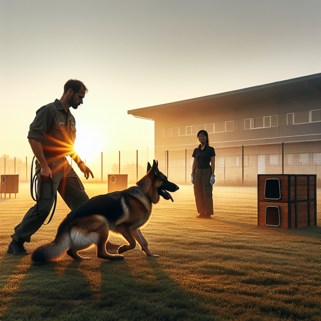 Female German Shepherd heeling calmly with an IGP handler on a quiet UK field at sunrise