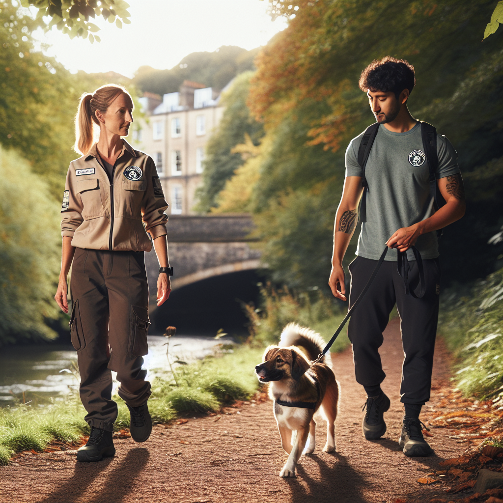 Smart trainer practising loose-lead walking with a dog beside a leafy riverside path in Bristol