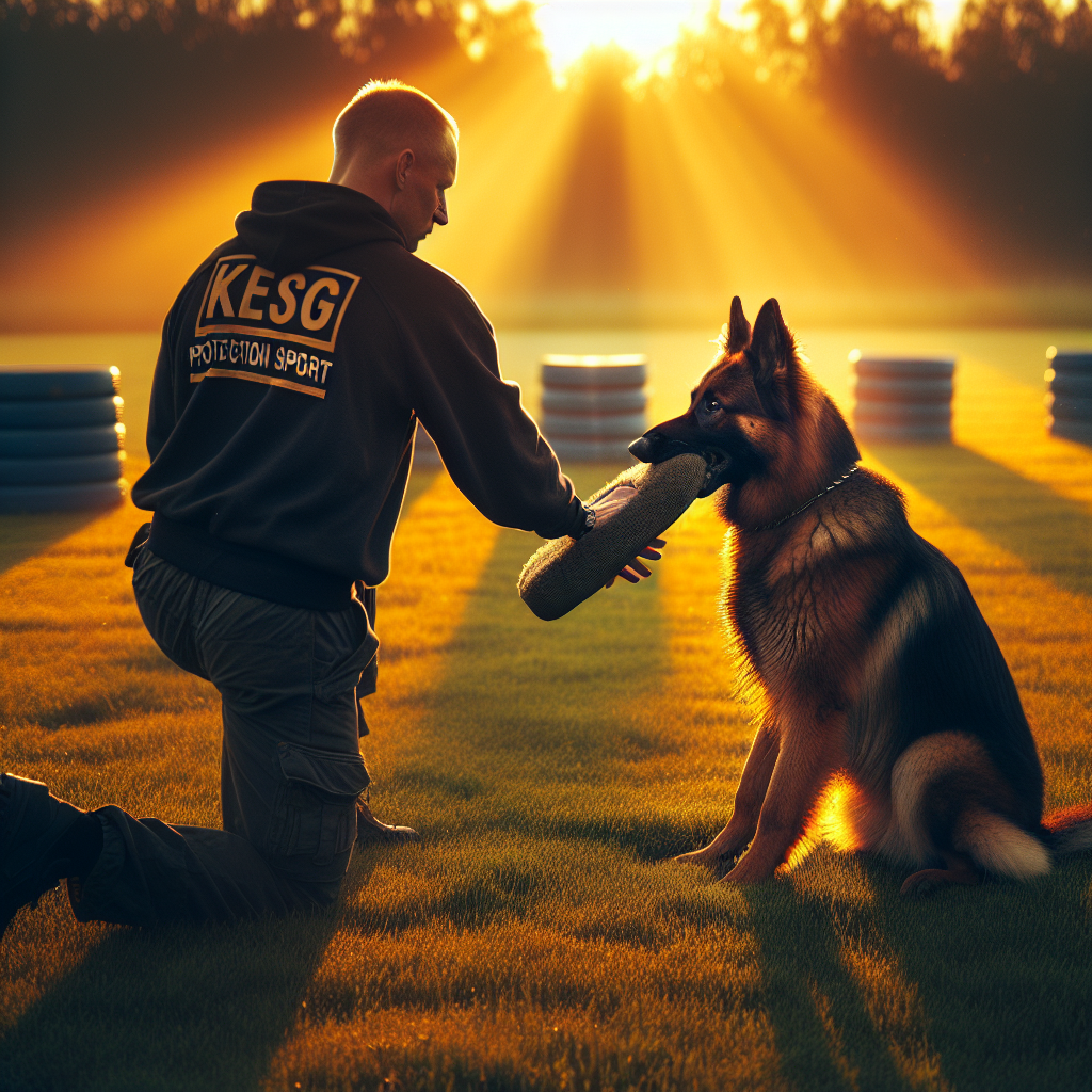 German Shepherd outing clean from a sleeve on cue during IGP protection training with handler and helper