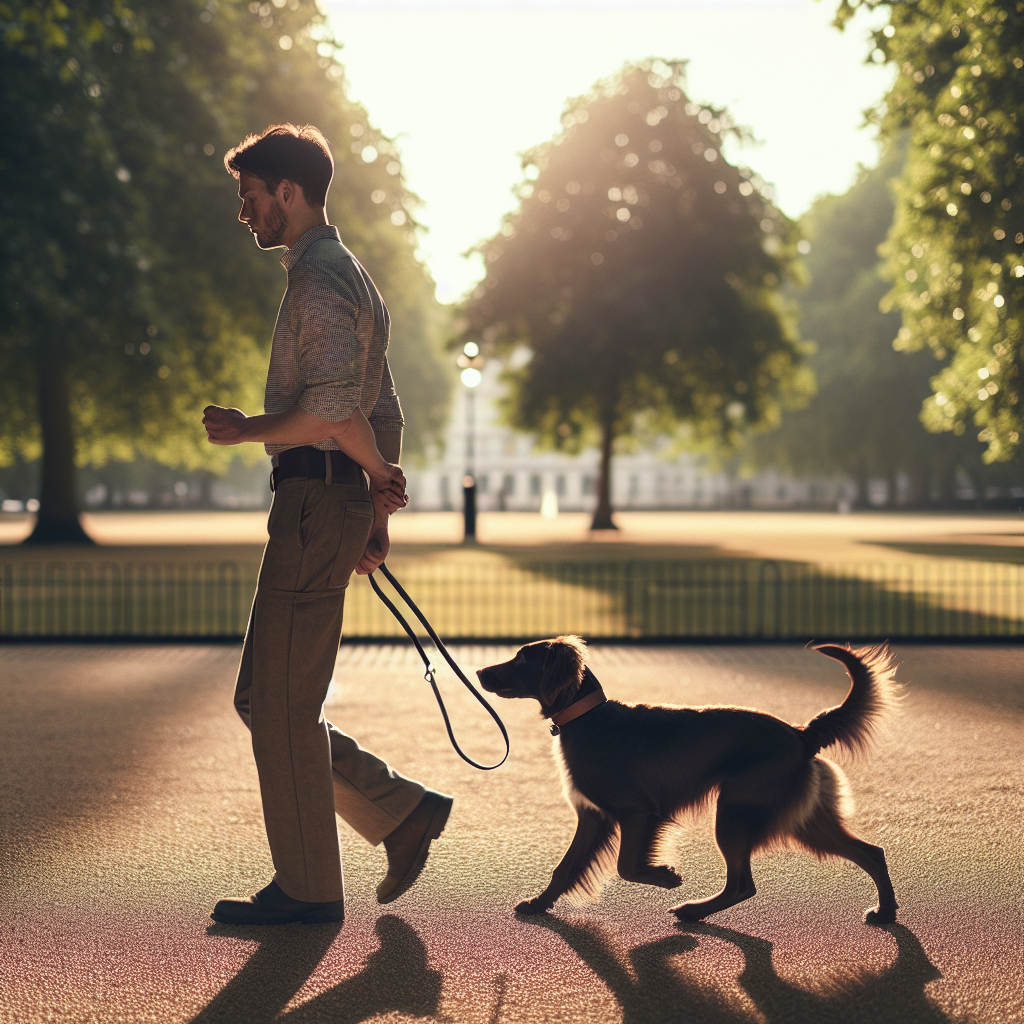 Trainer guiding a focused dog through a clean left turn in heelwork with precise alignment in a UK park