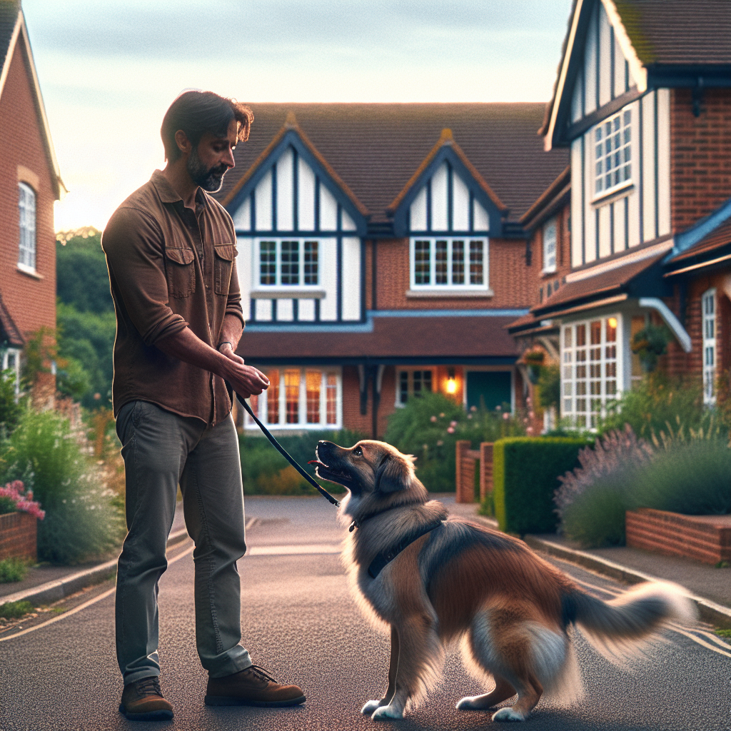 Trainer practising loose leash walking with a mixed-breed dog on a quiet suburban street in Chandler’s Ford