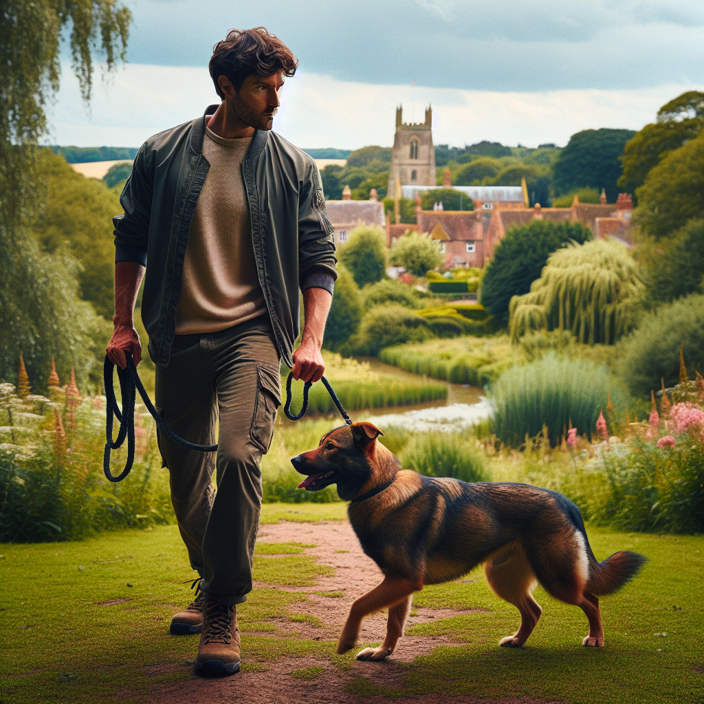 Trainer guiding a dog through lead walking and recall practice in a Dereham green space