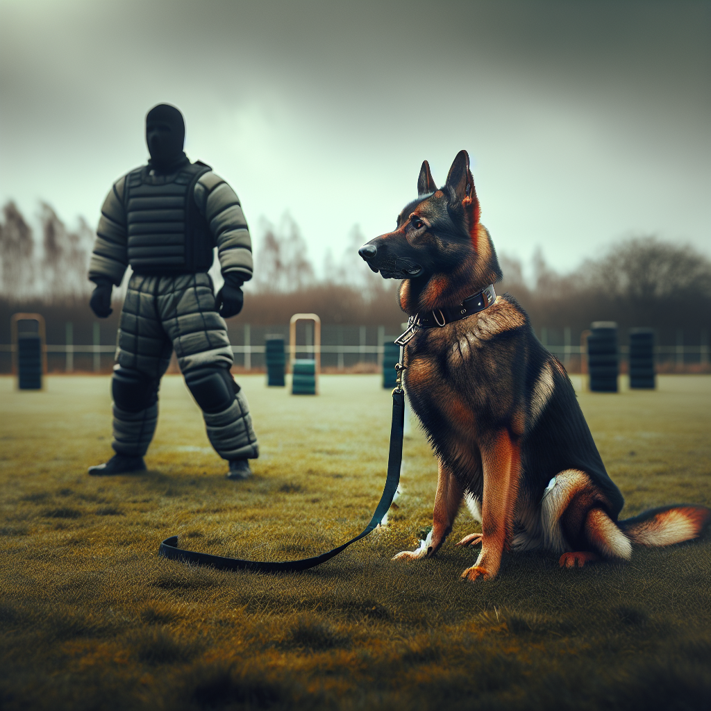 German Shepherd calmly capping drive beside handler while a helper stands at distance on an IGP field