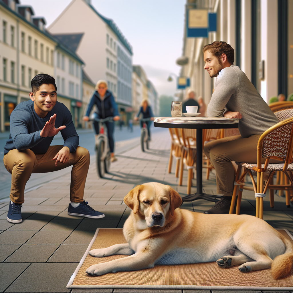 Trainer guiding a calm dog in a Down on a mat at an outdoor cafe with people passing by