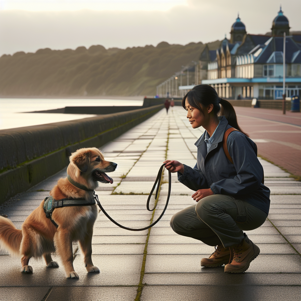 Smart trainer practising loose lead walking and recall with a dog on a Swansea coastal promenade