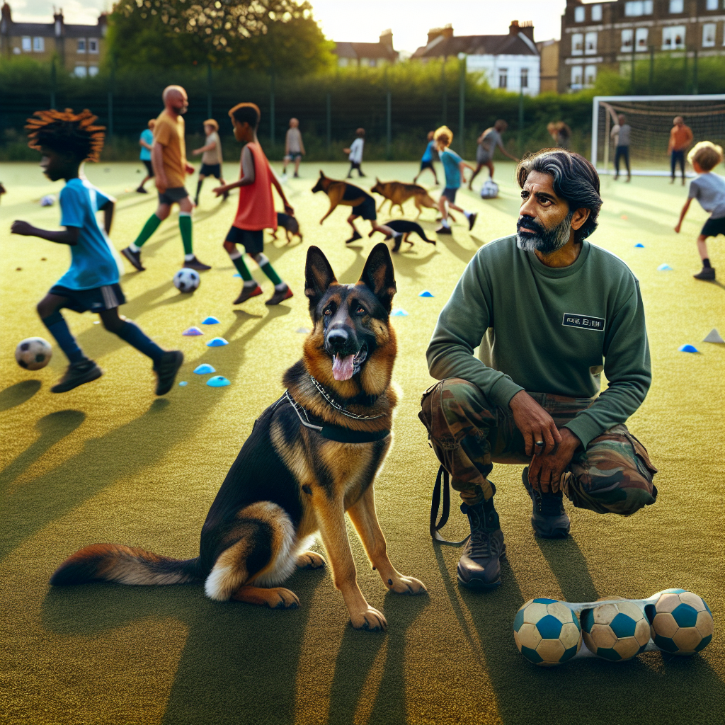 German Shepherd holding a long down in a busy UK sports field with a trainer nearby