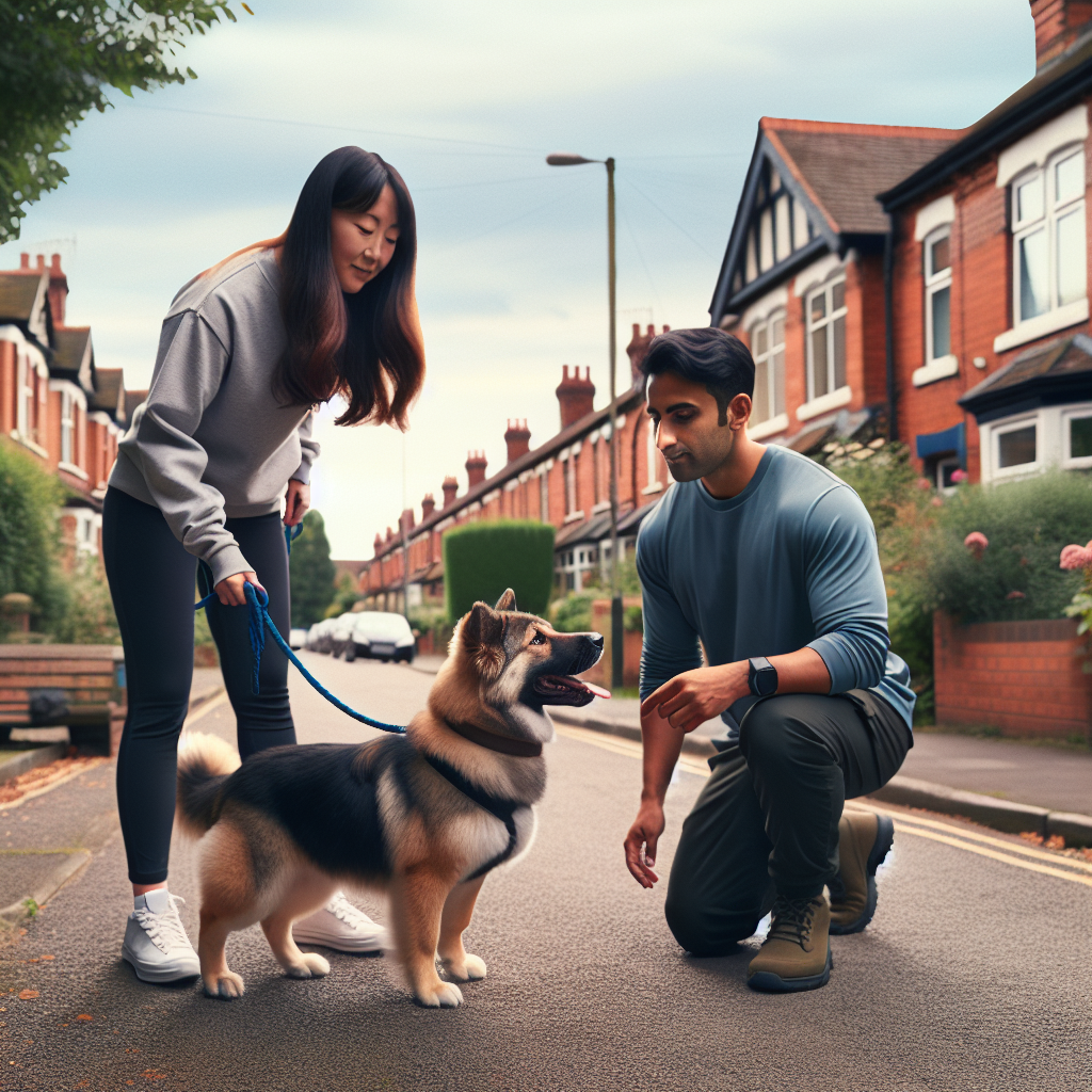 Smart trainer practising loose lead walking with a mixed breed dog on a quiet Walsall street
