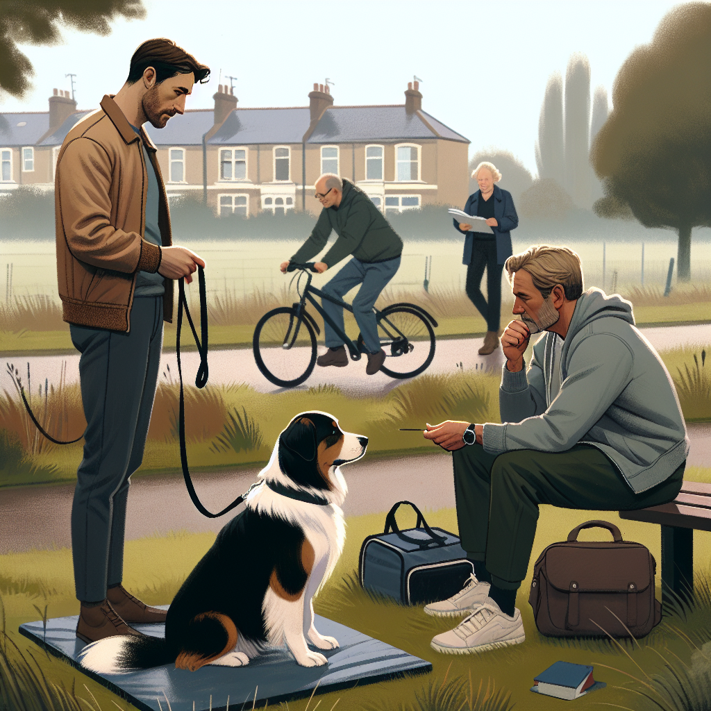 Trainer guiding a dog to stay calm on a mat as a bicycle passes in a UK park