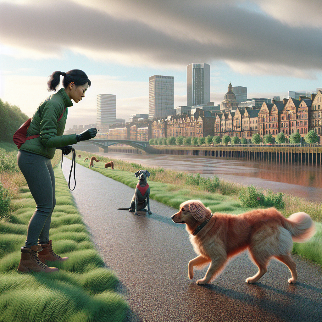 Smart trainer practising heel and recall with a dog on a riverside path in Newcastle