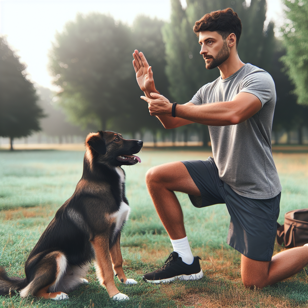 Smart trainer timing a reward for a dog holding a sit in a UK park