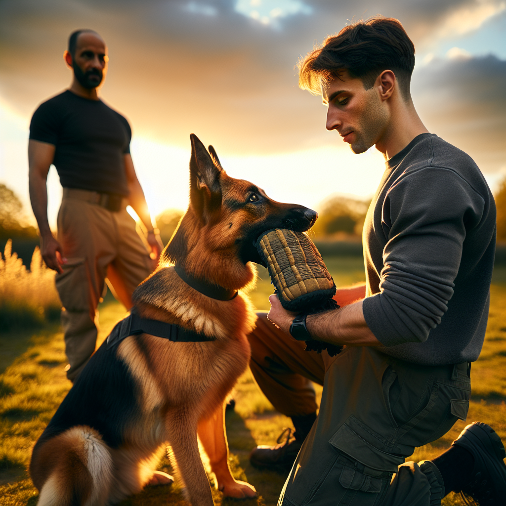 German Shepherd practising a calm full grip on a sleeve with UK trainer and helper in a field