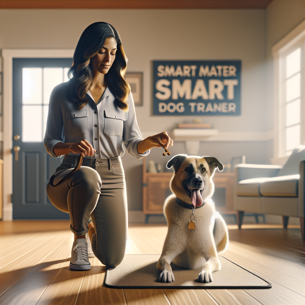 Trainer guiding a mixed-breed dog to settle calmly on a mat in a UK home with a loose lead and soft body language