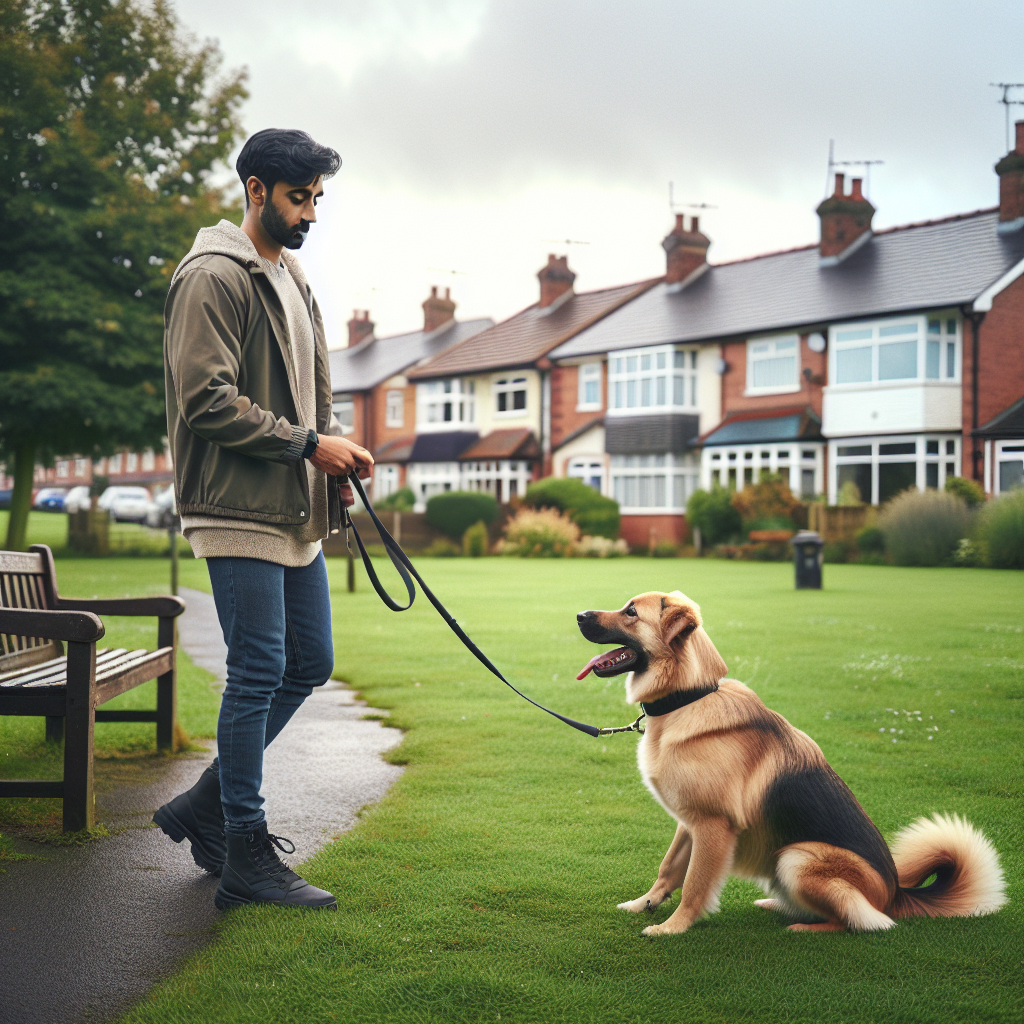 Trainer practising loose lead and recall with a mixed-breed dog in a Huyton park setting