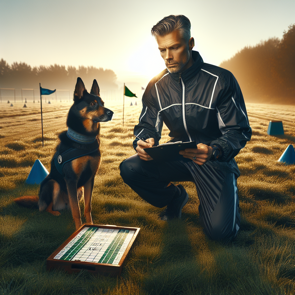 Trainer and working dog heeling on a UK field while reviewing a regional trial plan at dawn