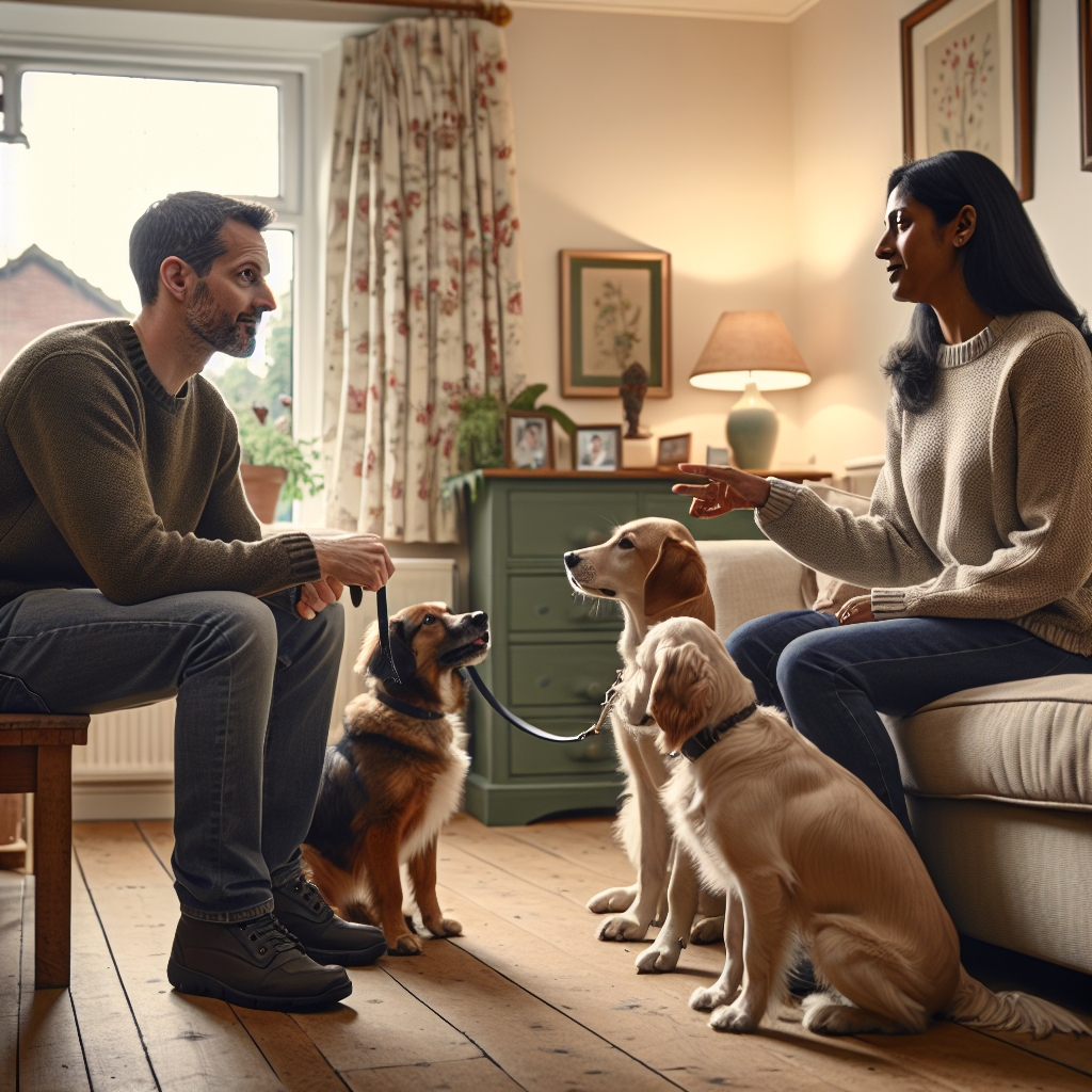 SMDT guiding an owner with three dogs practising Place and loose lead work in a UK living room