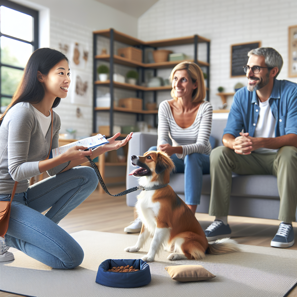 Smart trainer guiding a family dog through rest and focused retraining in a modern UK home