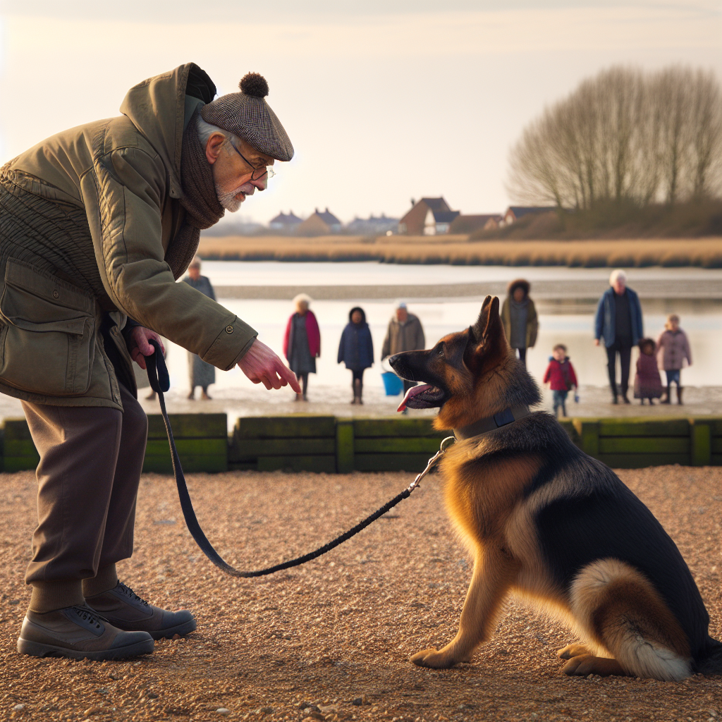 Trainer practising recall with a German Shepherd beside an estuary path in South Benfleet