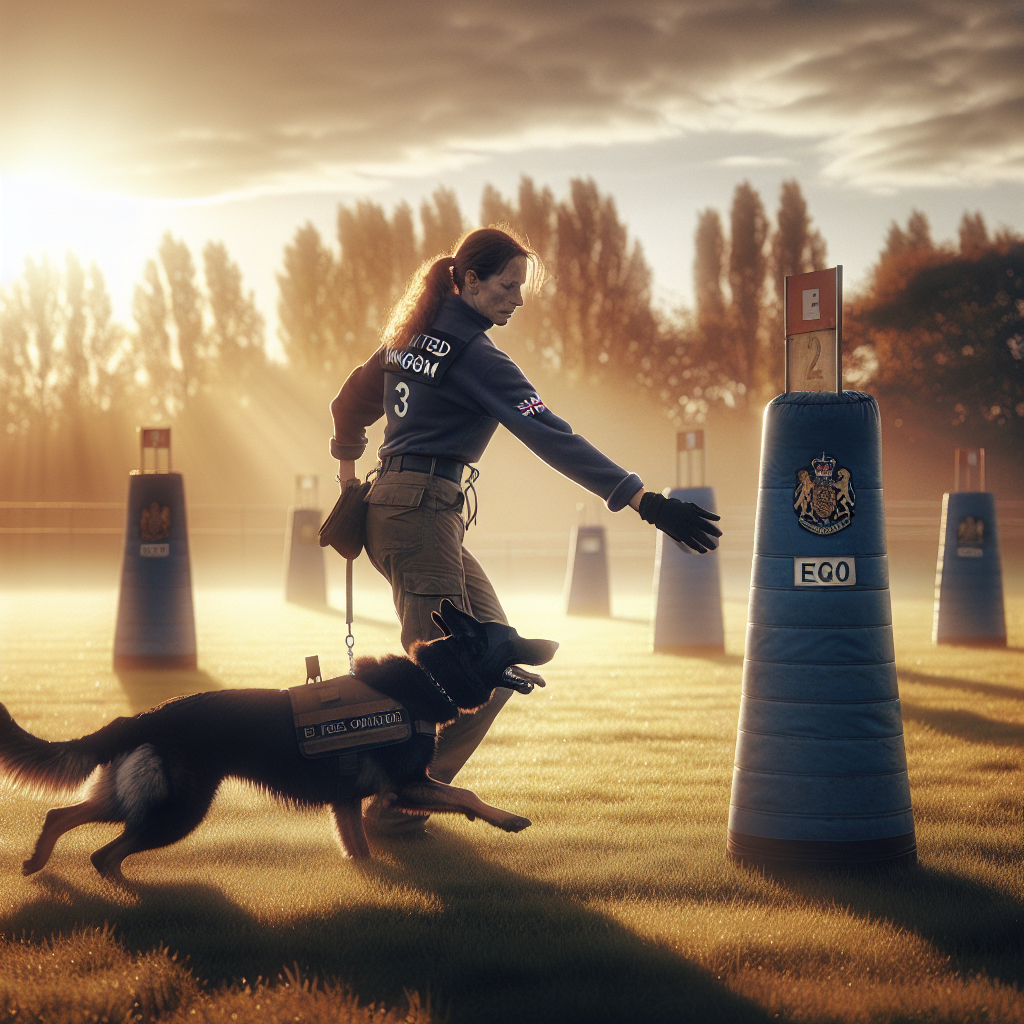 Trainer and working-breed dog practising a controlled courage test approach toward a helper on a UK field