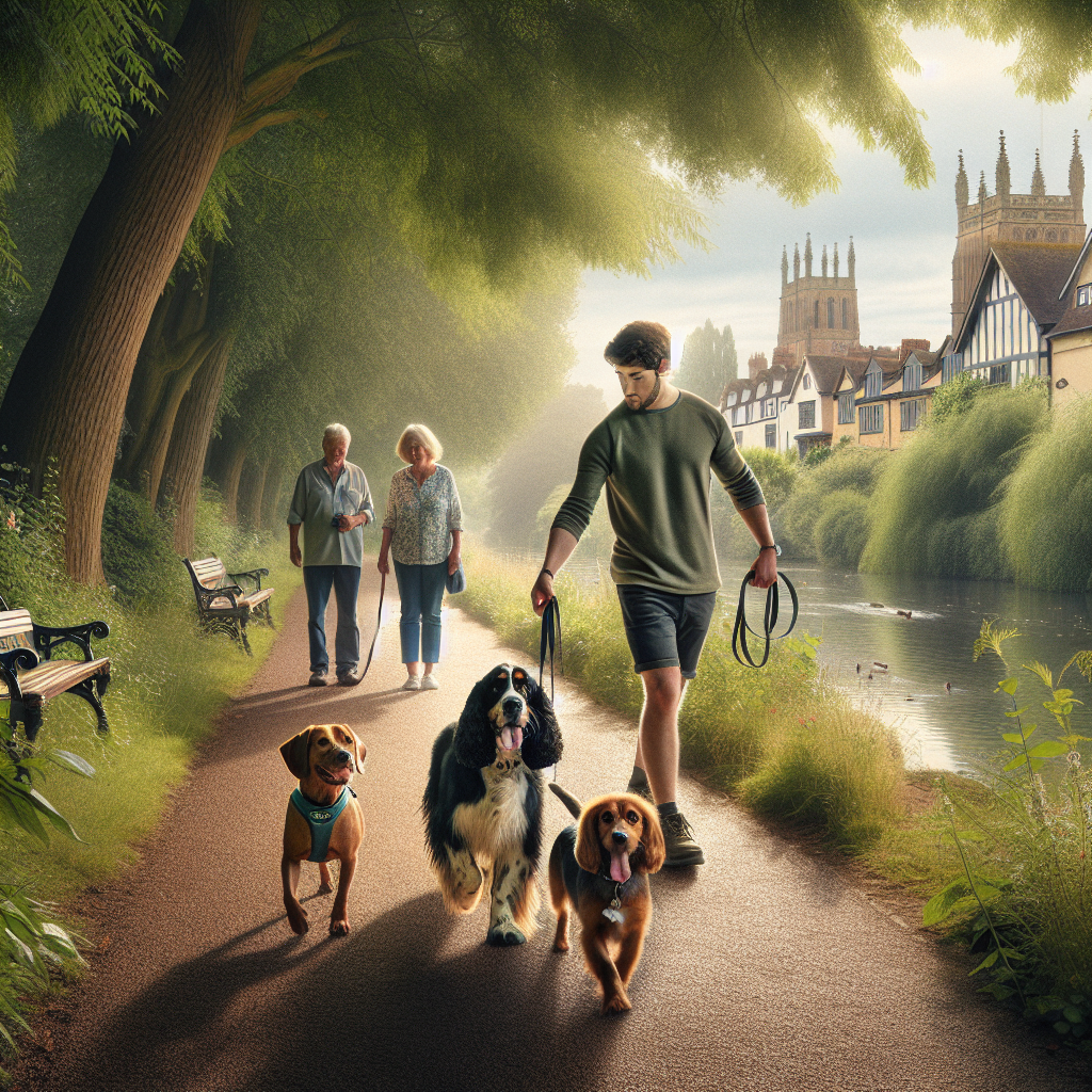Smart trainer practising heel and recall with two dogs on a leafy riverside path in Hereford
