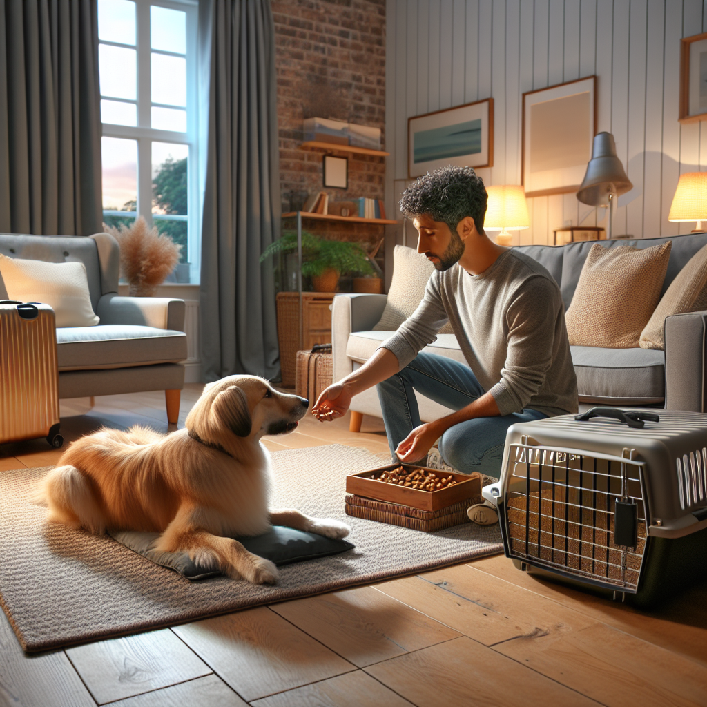 Calm dog settling on a mat beside a travel crate in a UK holiday rental living room with a trainer guiding quietly