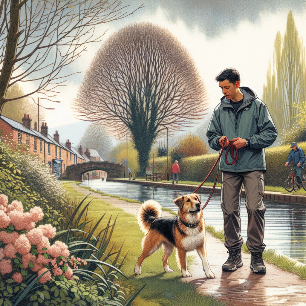 Trainer practising loose lead walking and recall with a mixed-breed dog on a tree-lined canal path near a UK market town