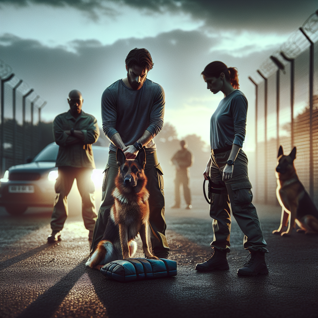 IGP helper team showing neutral handling with calm dog, parked sleeve, and controlled posture on a UK field at dusk