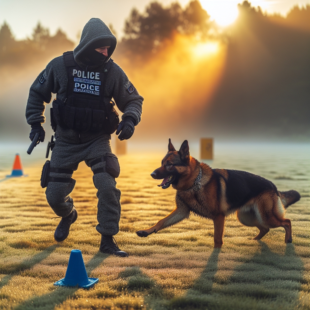 IGP handler practising a calm pre-session routine with a German Shepherd on a UK training field at sunrise