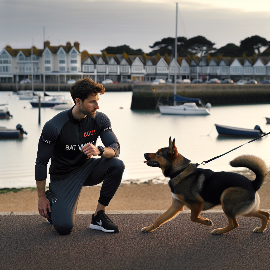 Smart trainer practising heel and recall with a mixed breed dog on a Southampton waterfront promenade