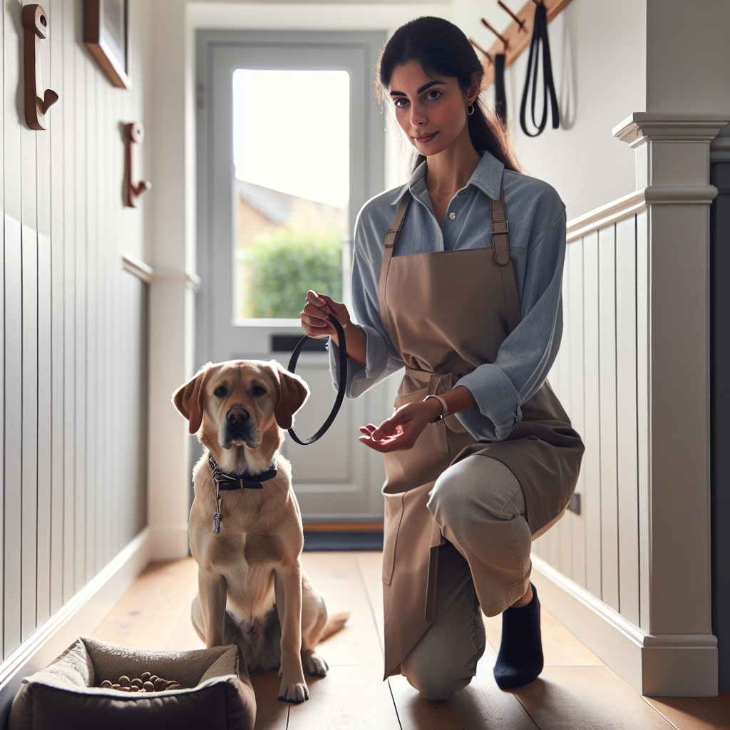 Trainer reinforcing a dog on a bed near a front door to practise calm doorway manners in a UK home
