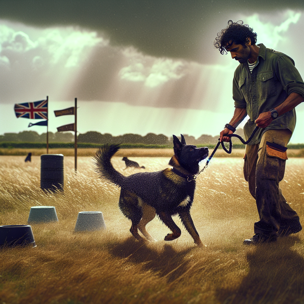 Trainer working a focused heeling warm up with a high-drive dog on a shaded UK field with changing weather