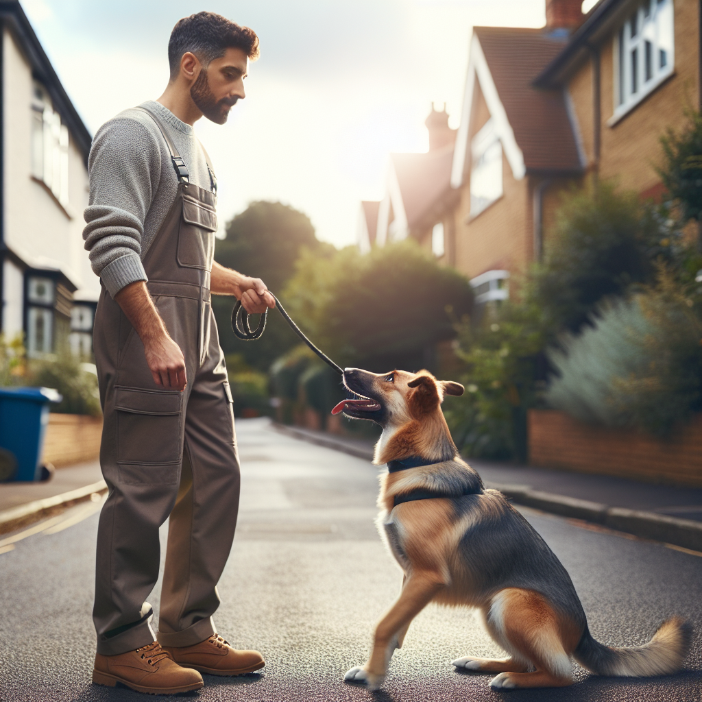 Smart trainer guiding a mixed-breed dog to heel and place while staying calm on a UK street