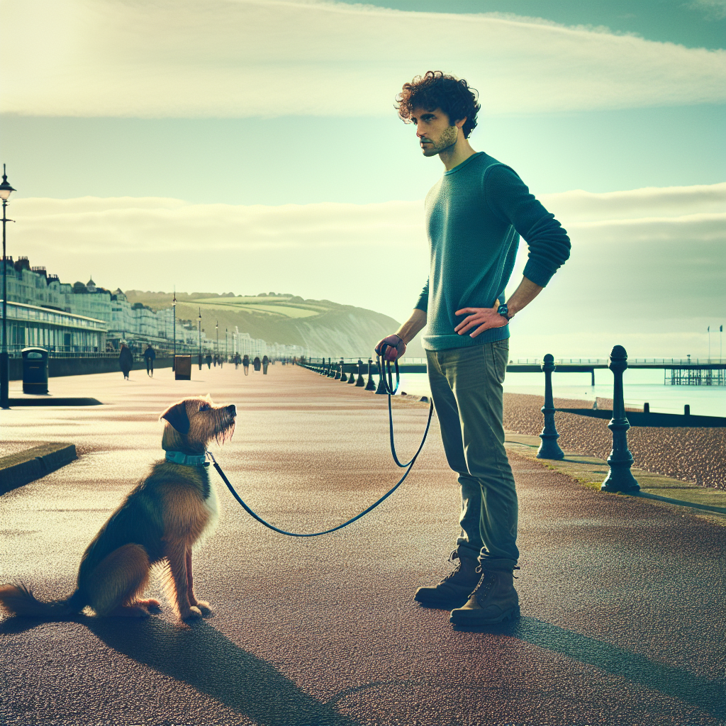 Trainer and dog practising heel and recall by a coastal promenade in Worthing