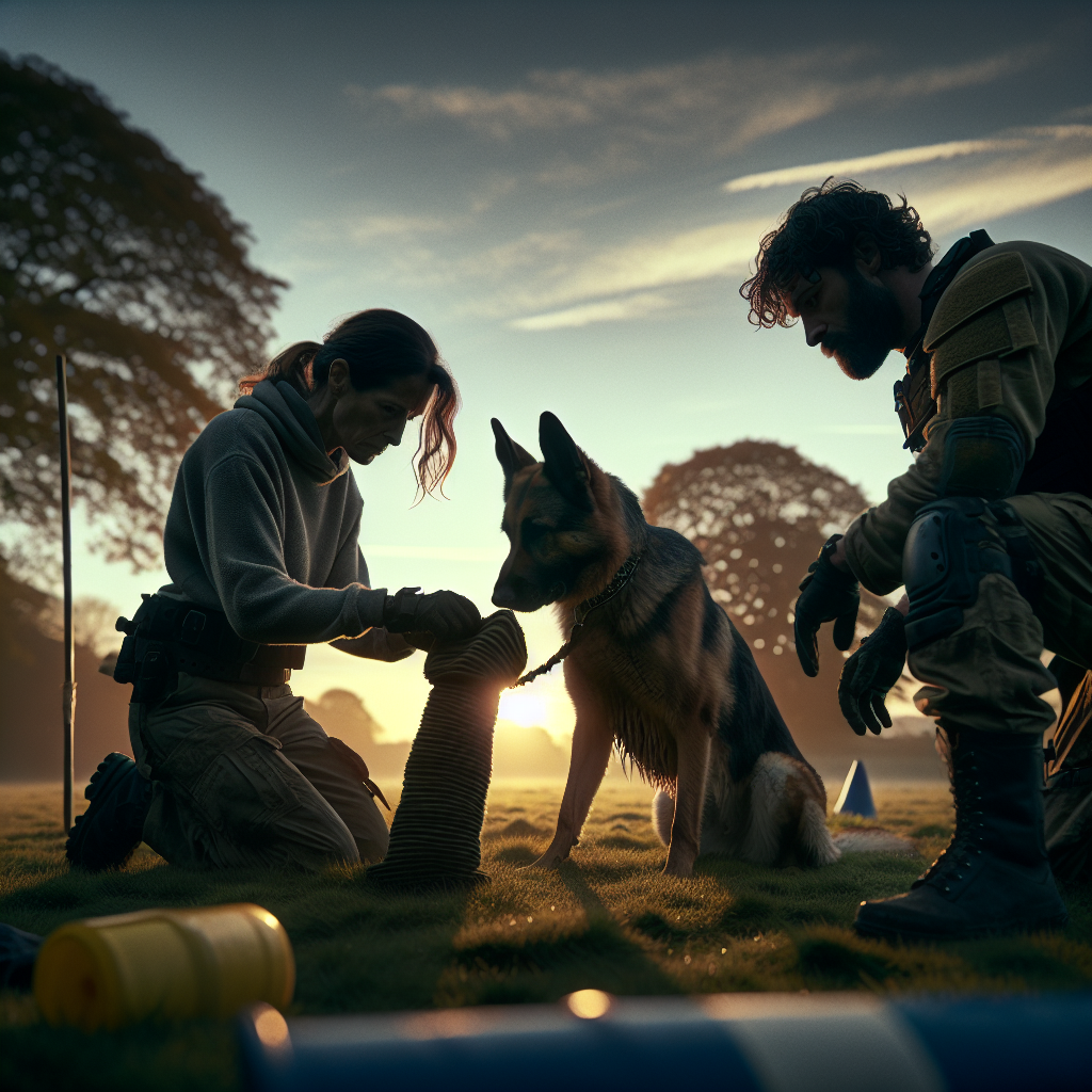 Small IGP club in the UK training a German Shepherd with a helper on a sleeve at dusk