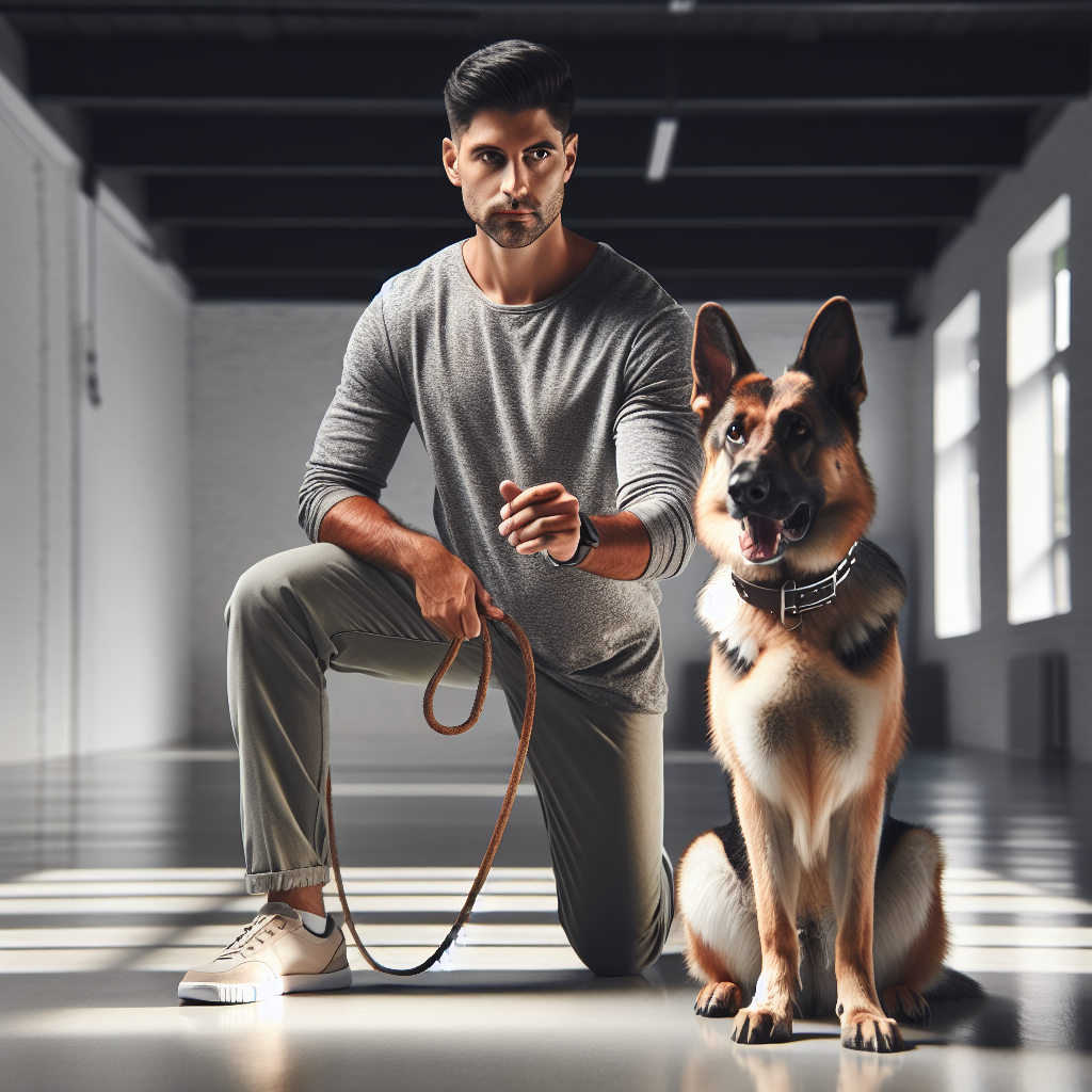 Trainer guiding a German Shepherd through a calm, focused guard with clear markers and a long line