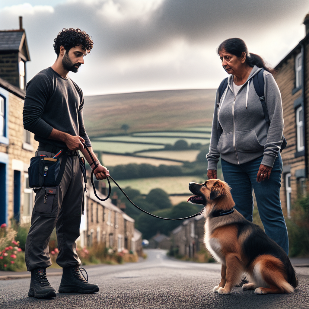 Smart trainer practising lead walking and recall with a mixed breed dog on a Darwen street near open moorland