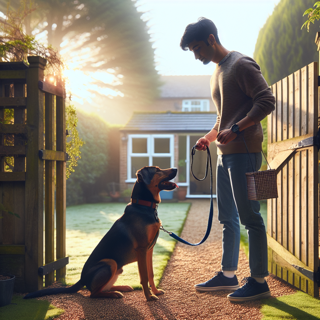 Trainer teaching a dog to wait calmly at an open garden gate in the UK