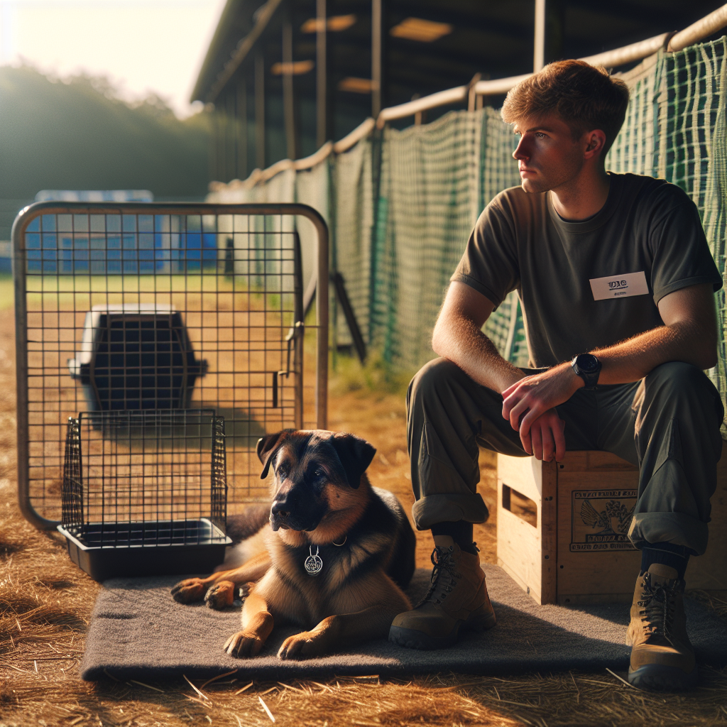 Handler and working dog practising a calm pre-trial routine with crate and mat near a competition ring