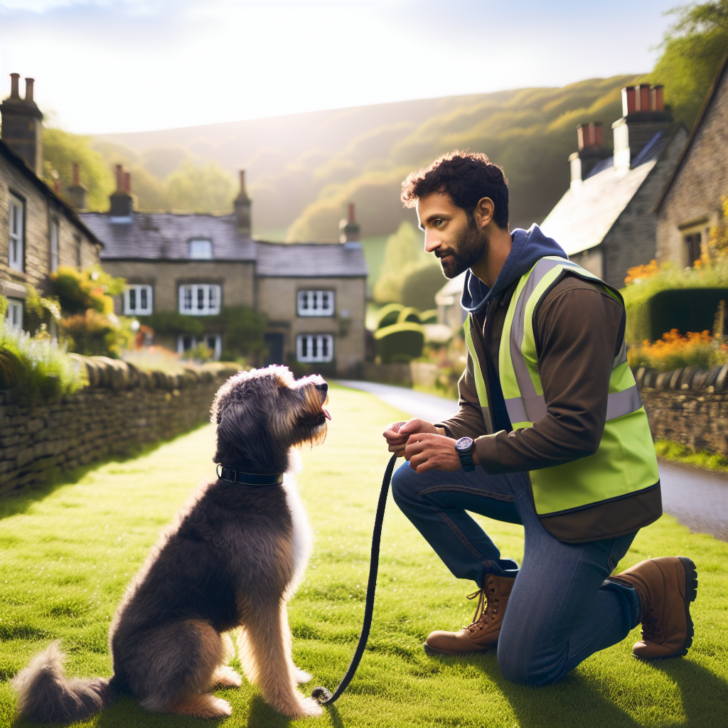 Smart Master Dog Trainer practising loose lead walking with a mixed breed dog on a village green in Medlar-with-Wesham