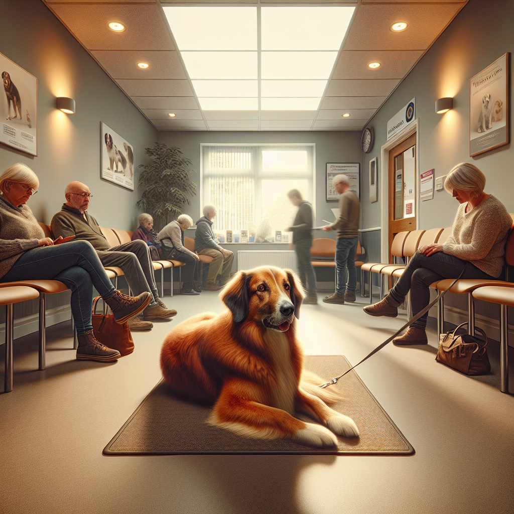 Dog relaxing on a mat with owner practising calm waiting in a UK vet clinic lobby