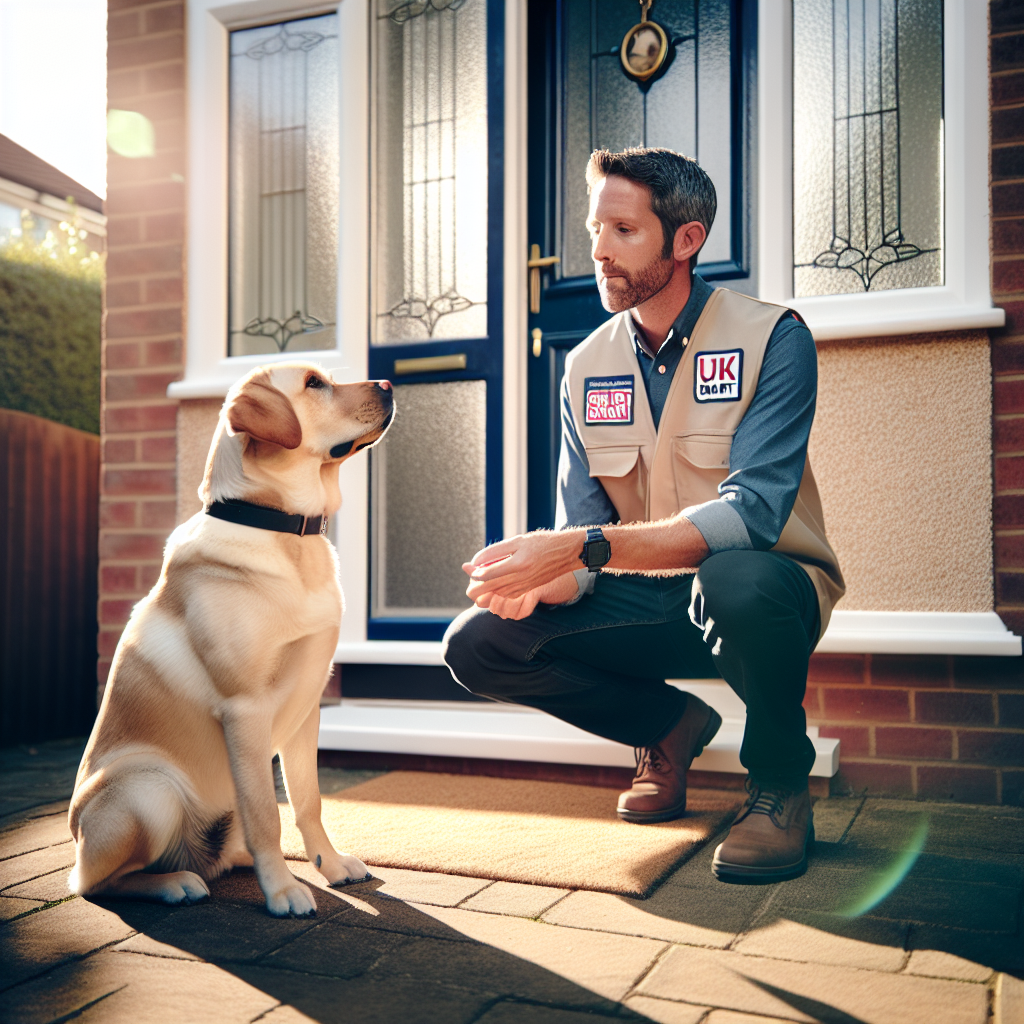 Trainer teaching a Labrador to sit and wait at a front door until released