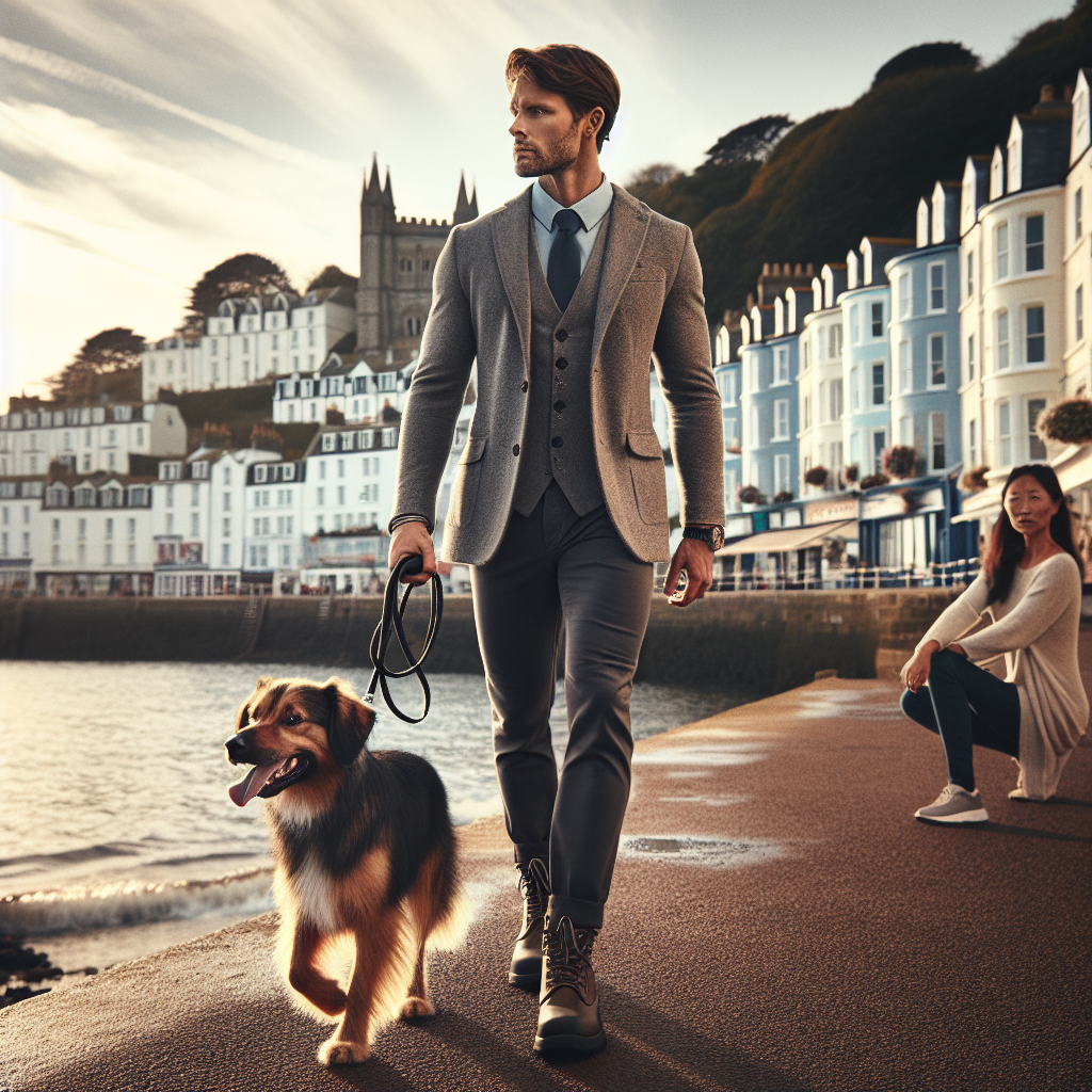 Trainer practising loose lead walking with a mixed breed dog on a Torquay seaside promenade