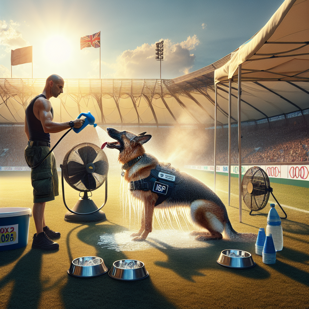 IGP German Shepherd cooling under a shade tent with vest, fans, and mist after a warm UK trial