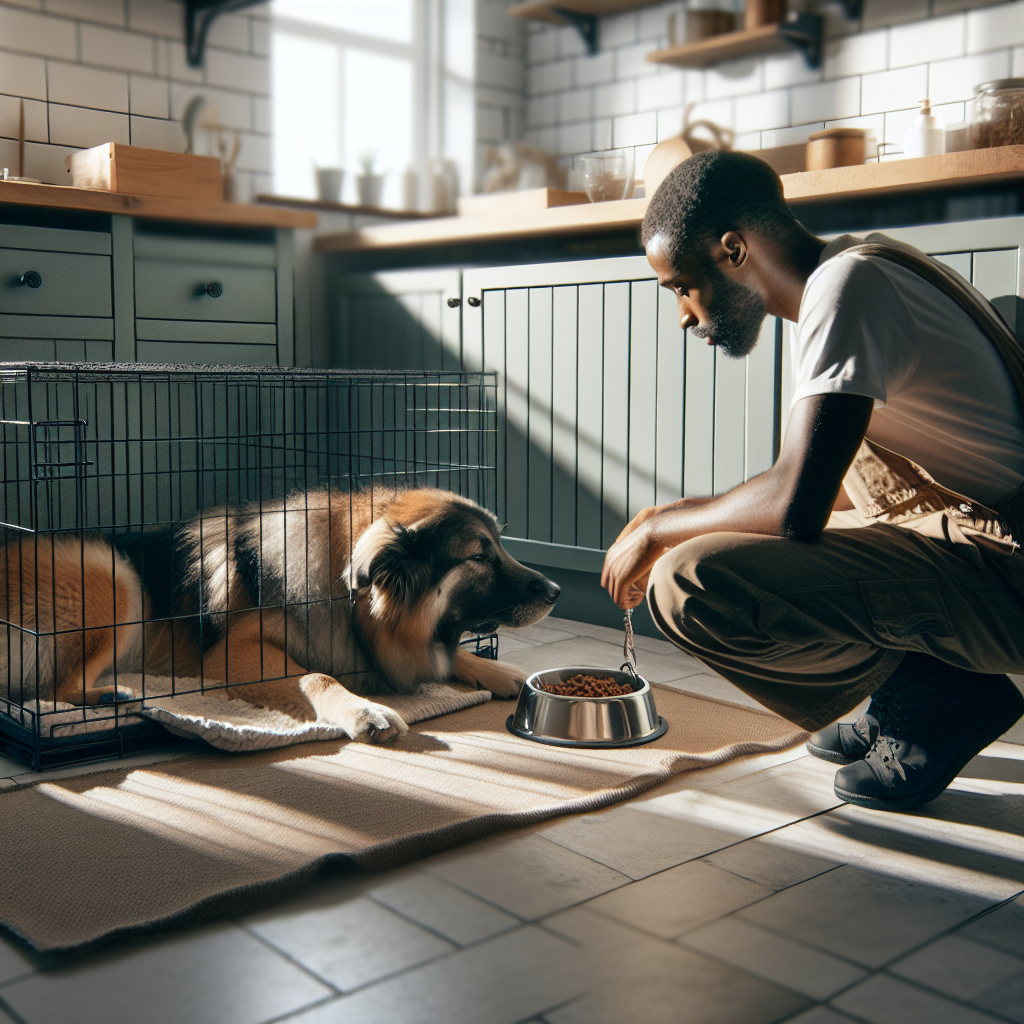 Dog settling calmly in a crate after a meal while a UK trainer provides gentle guidance